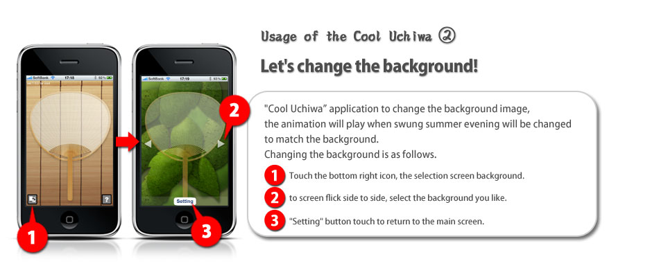 Cool Uchiwa Usage_1 Select our Cool Uchiwa (japanese word for fan) application and gently wave your iPhone/iPod Touch in order to create a refreshing stream of air.