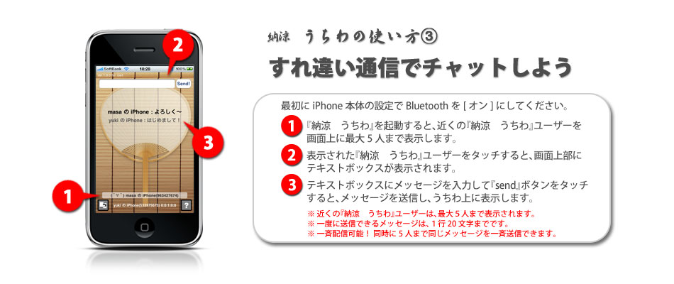 デキャンタージュのiPhoneアプリ『納涼　うちわ』使い方２ iPhoneをしっかり持って、うちわを扇ぐように上下に振ります。